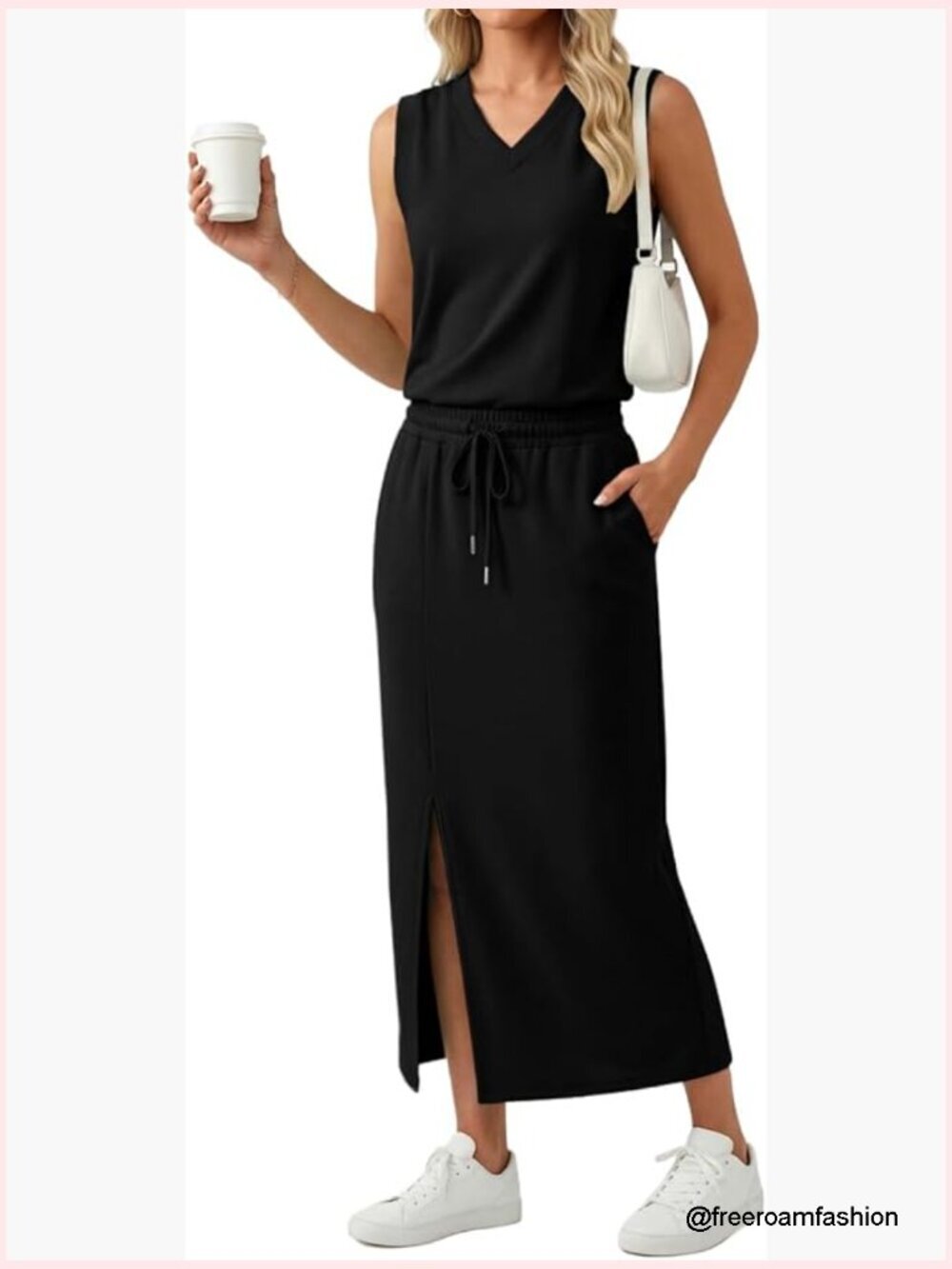 Casual 2 Piece Set Sleeveless V Neck Top Maxi Skirt with Pockets